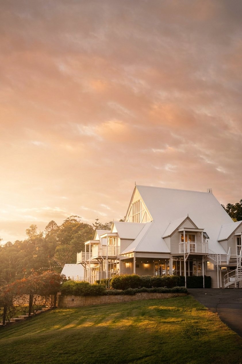 Golden hour: late sun, long soft shadows, property untouched.