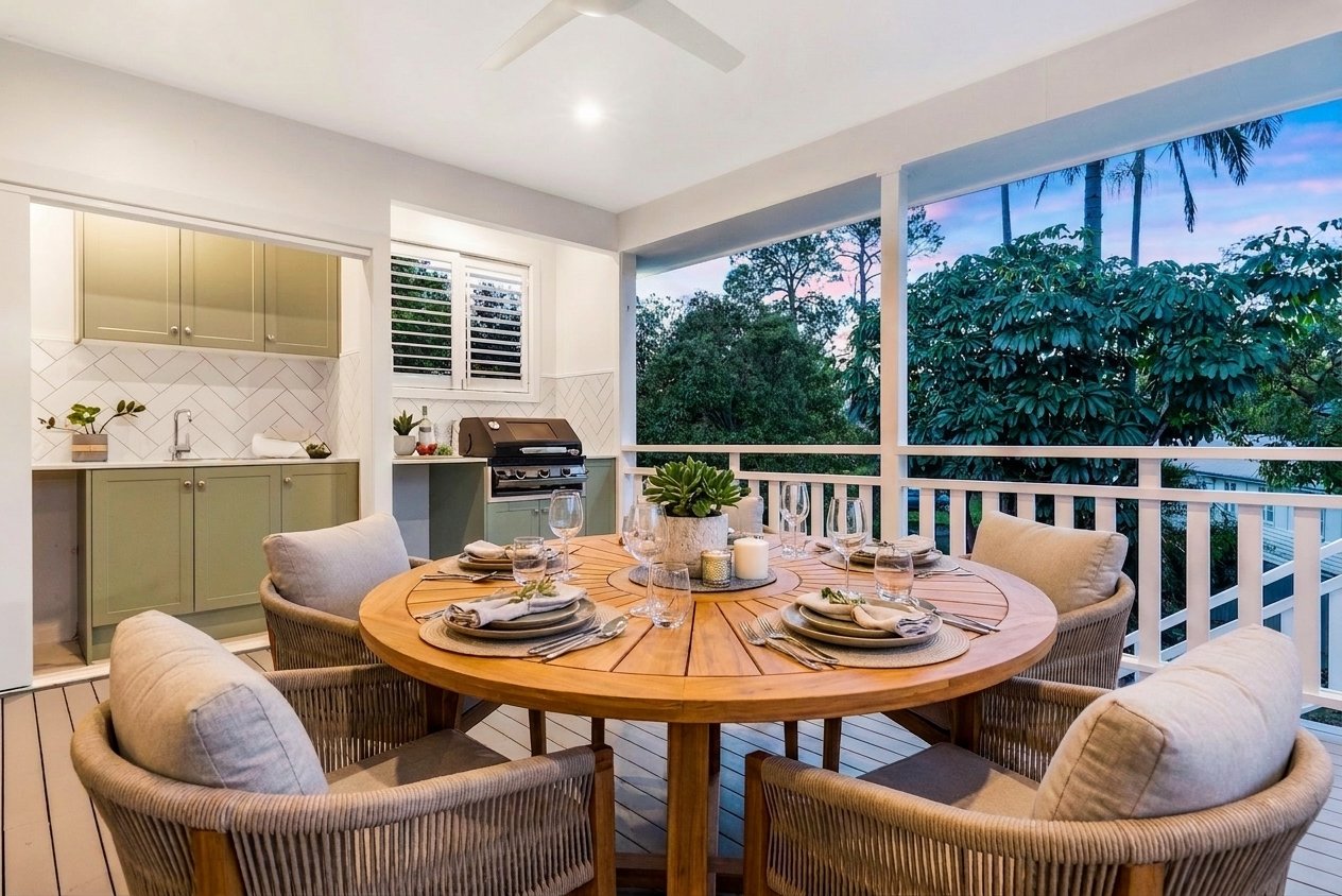 Virtual staging: the apartment balcony restaged for alfresco dining.