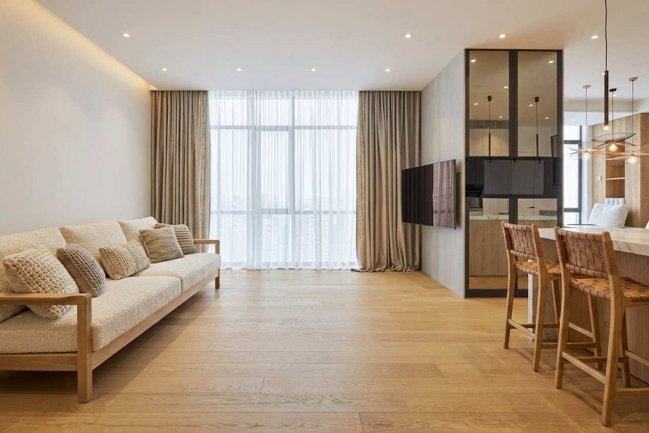 Virtual staging: the lounge furnished, room untouched.